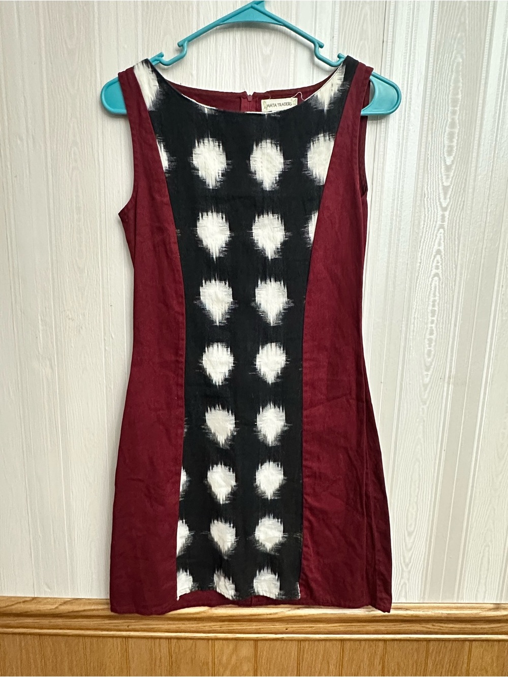 Mata Traders Maroon Shift Dress with Black-and-White Ikat Panel